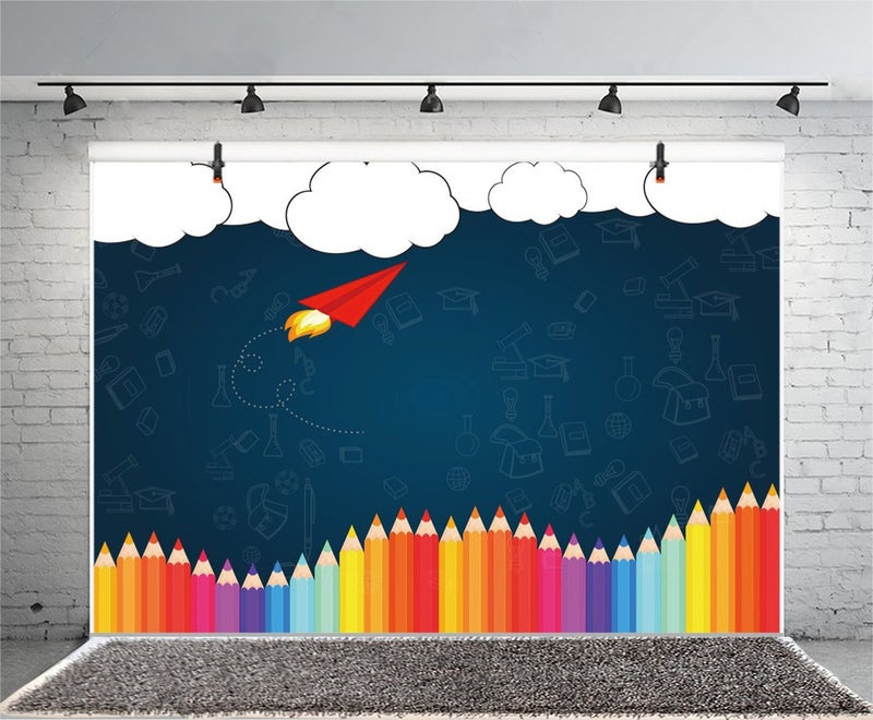 Leyiyi 7x5ft Welcome Back to School Photography Background Old Classroom Chalk Board Blackboard Colored Pens Back Season Grunge Gaffiti Paper Plane Backdrop Students Photo Portrait Vinyl Studio Prop - Image 1